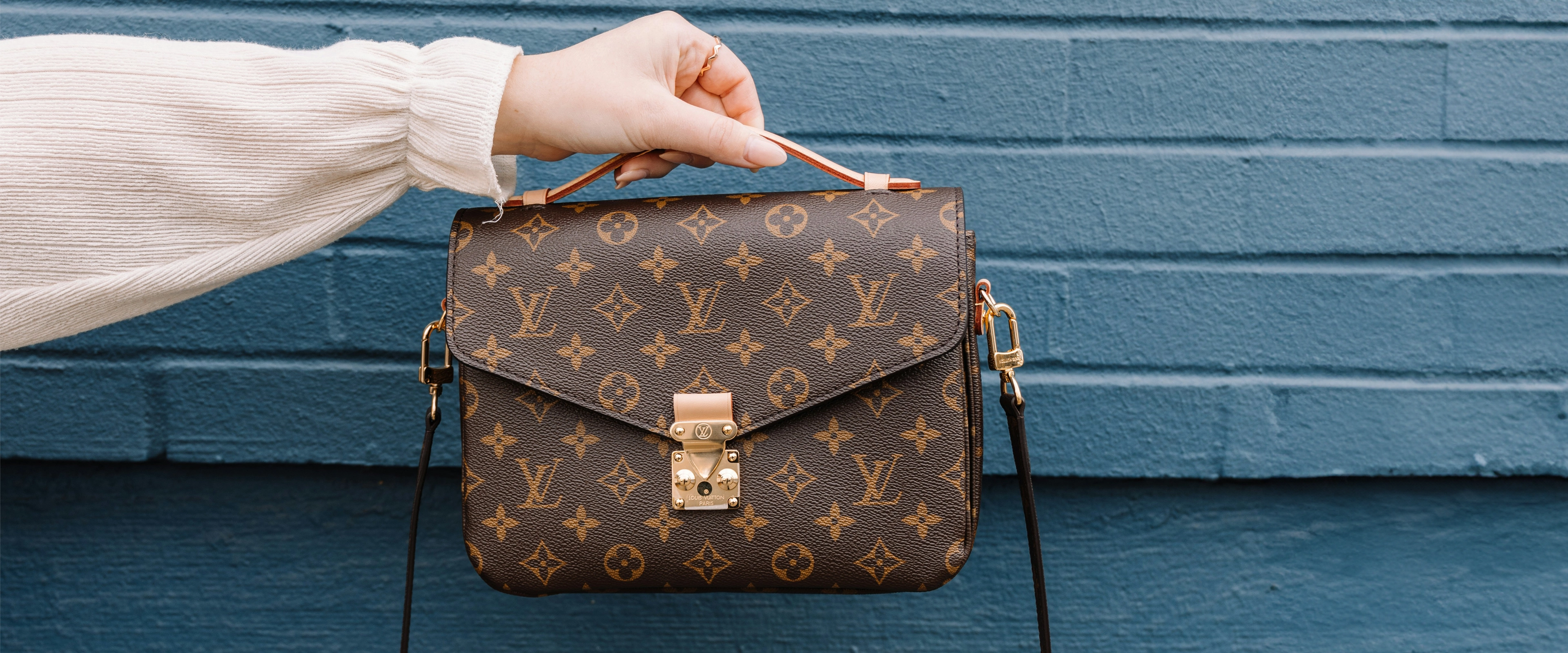 Louis Vuitton Bag against blue backgound