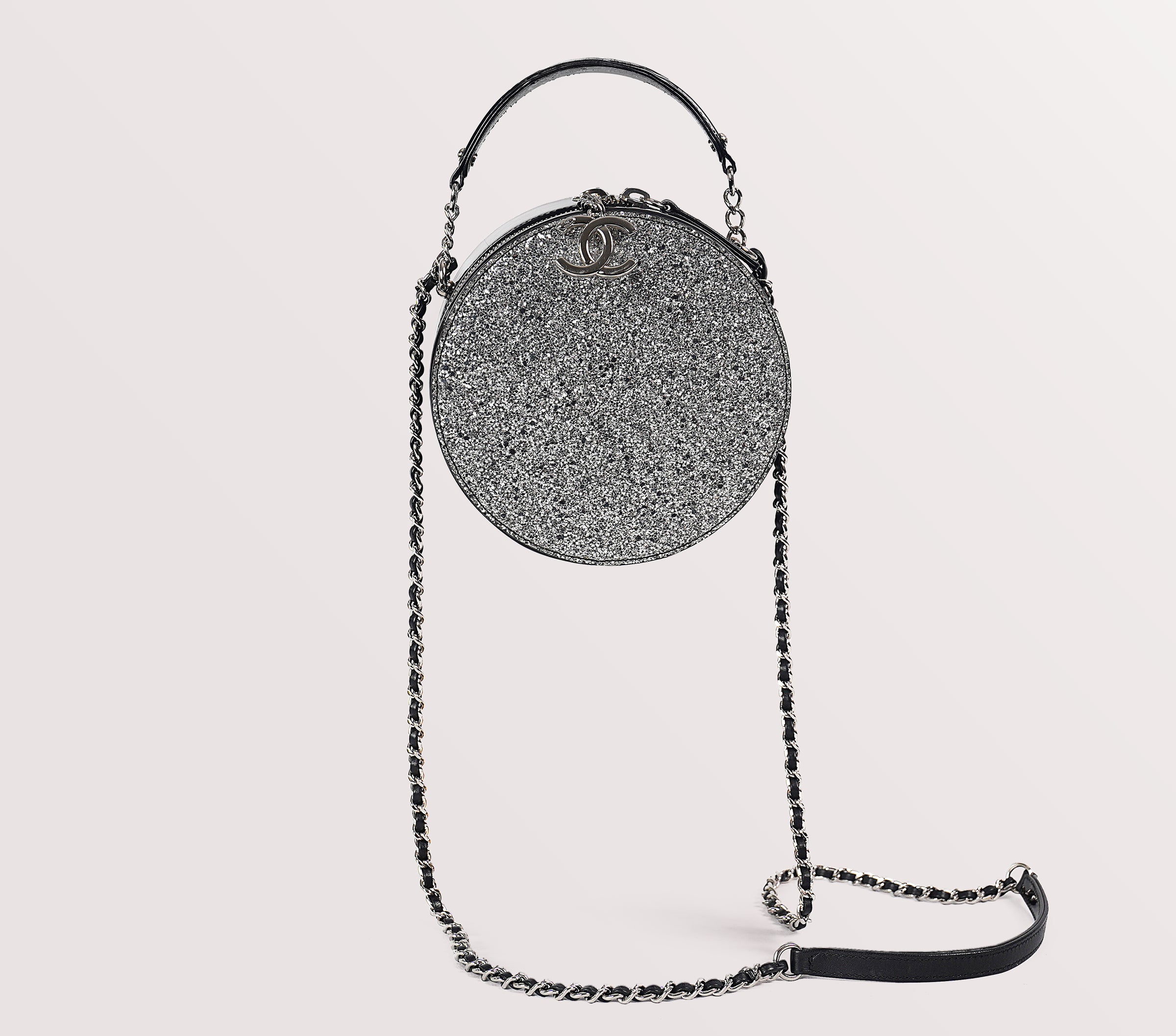 Chanel silver round Glitter evening bag