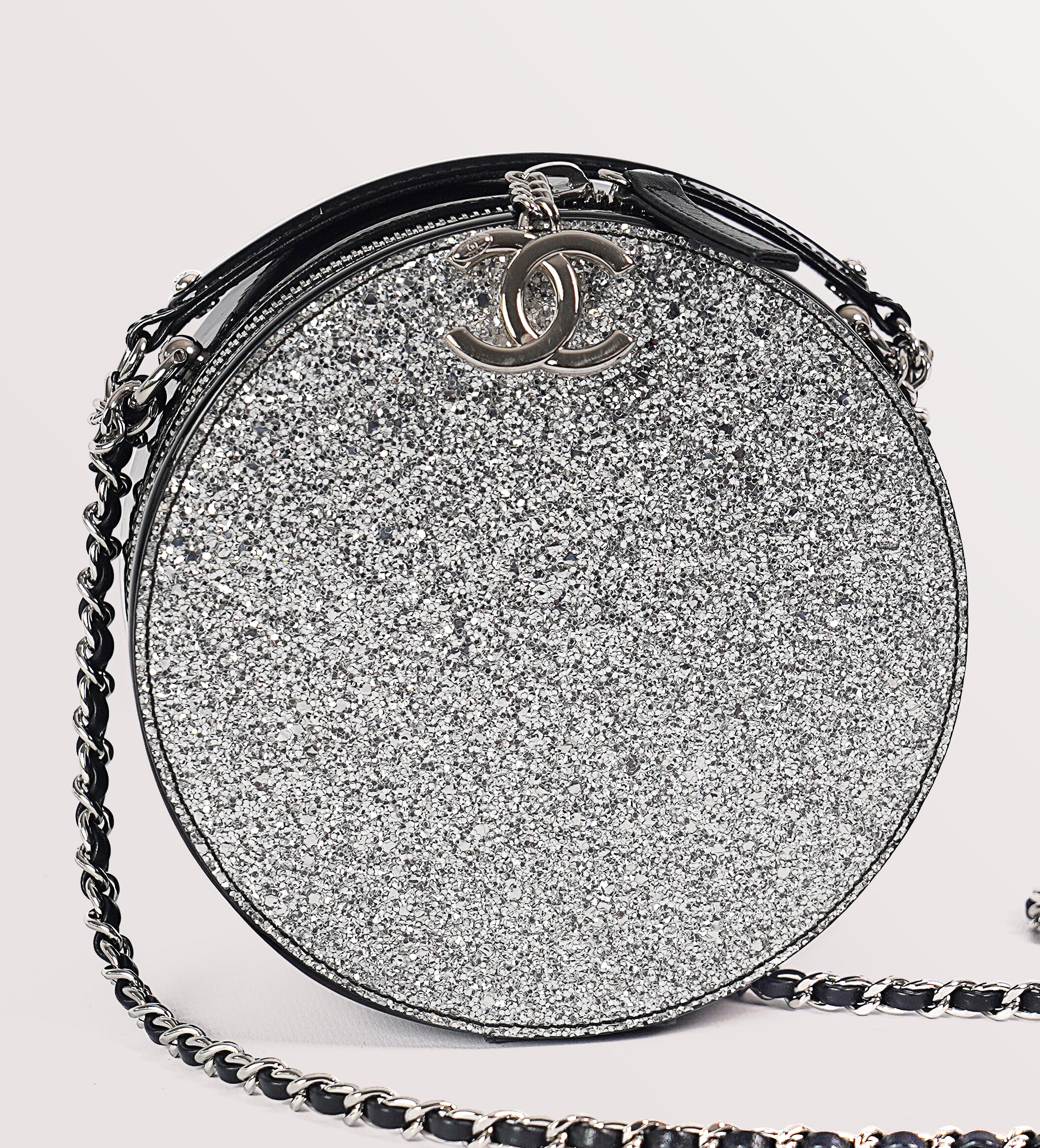 Chanel silver round Glitter evening bag