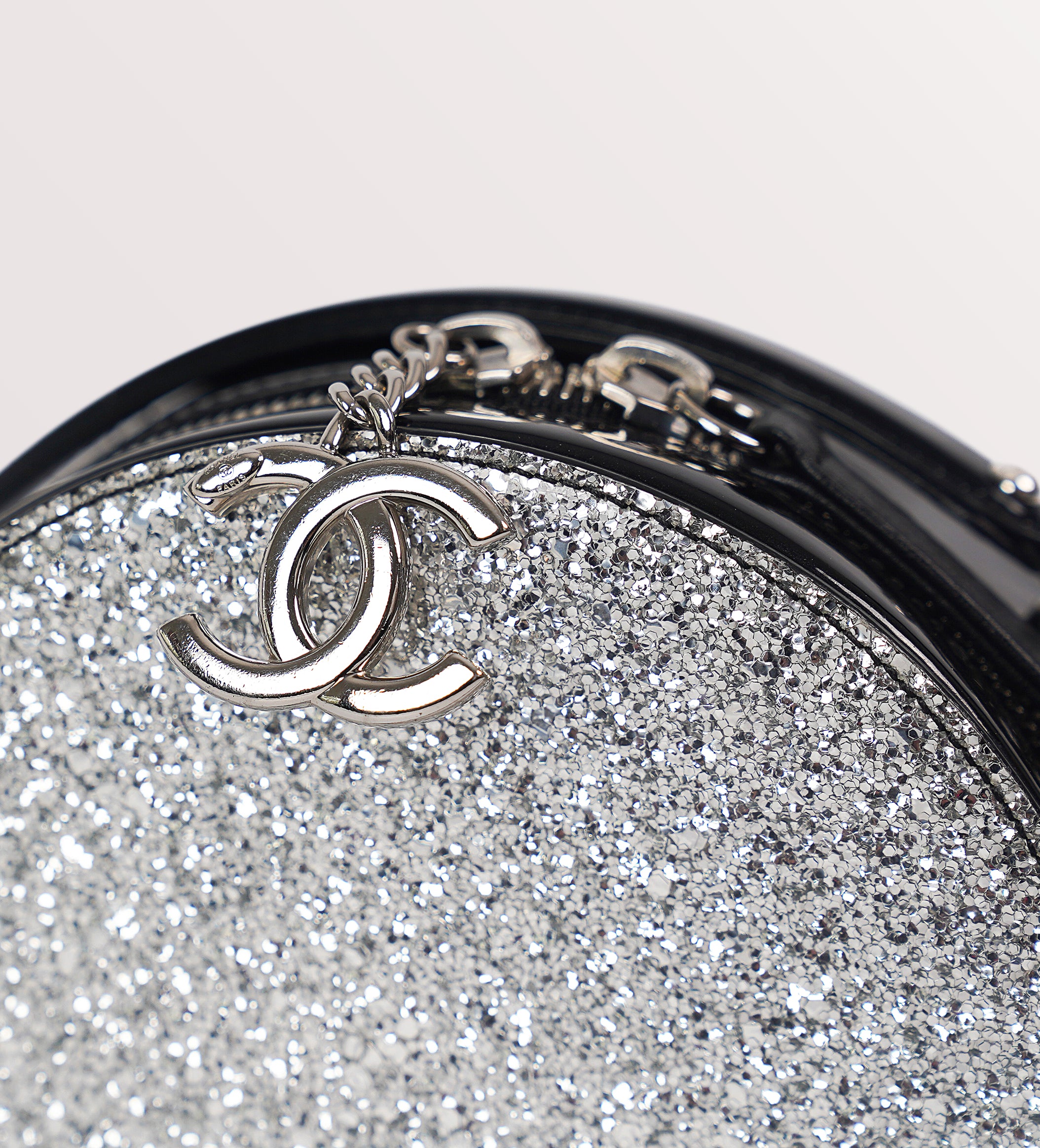 Chanel silver round Glitter evening bag