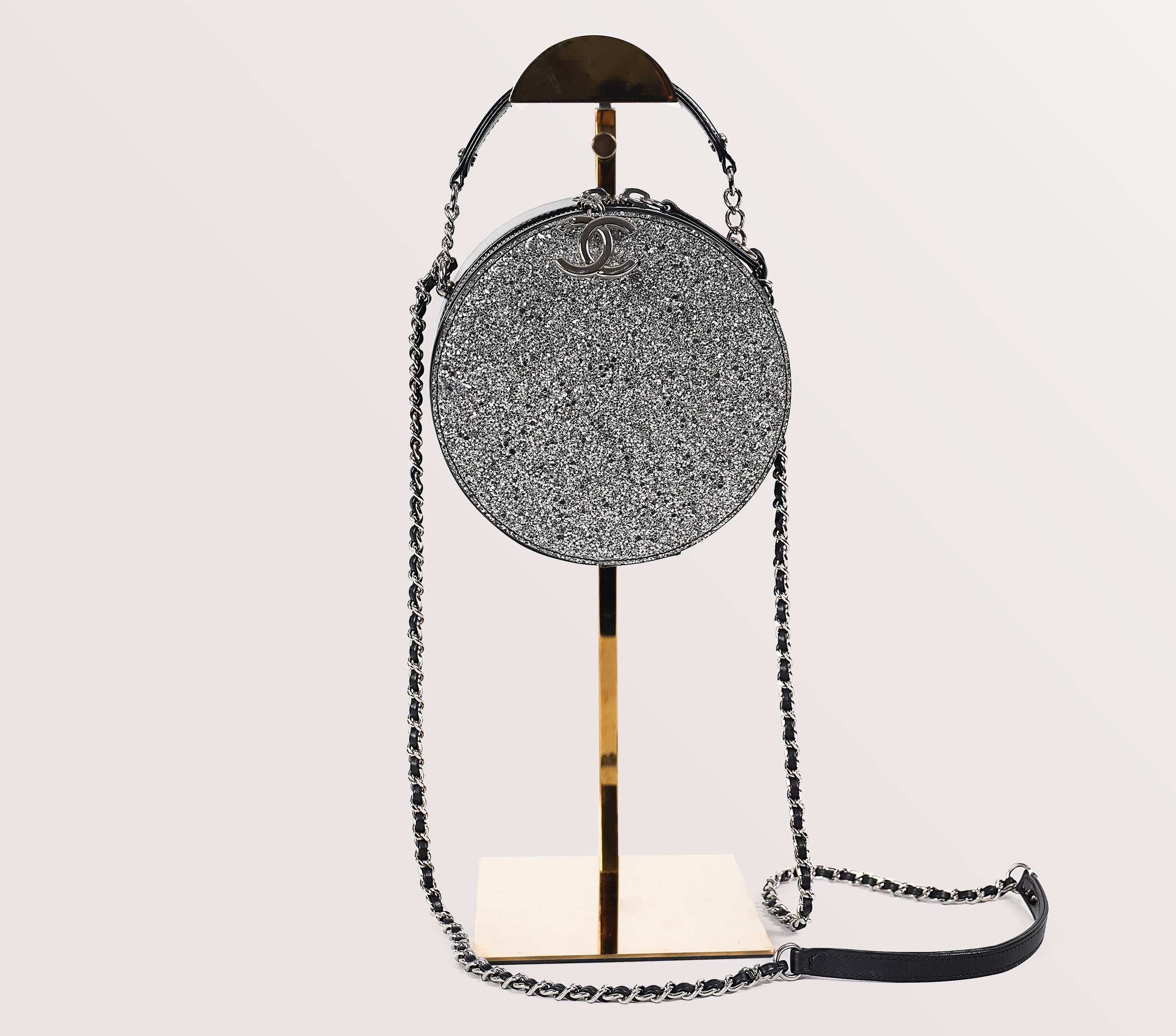 Chanel silver round Glitter evening bag